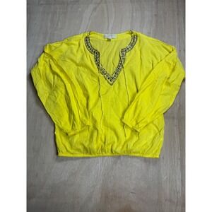 MICHAEL KORS Womens Yellow Beaded V Neck Tunic Top Shirt Blouse Size S